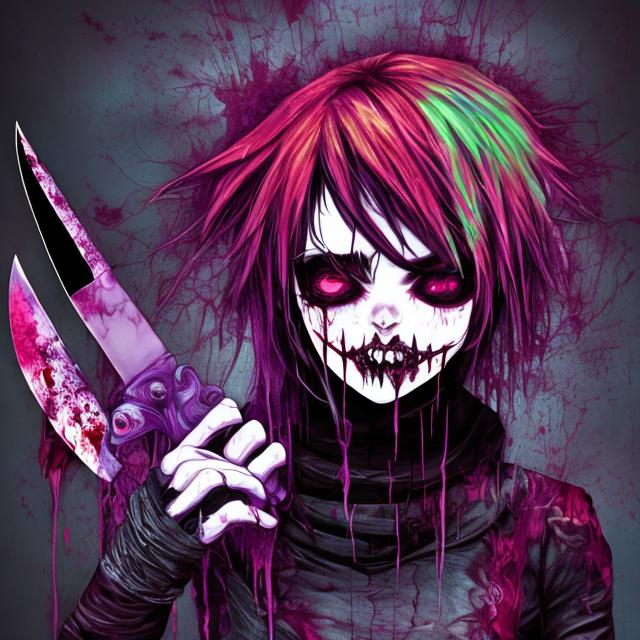 Prompt: crazy, glitch core, weird core, 4hd, anime, crazy girl, colorful, blood, knife, psychopathic woman