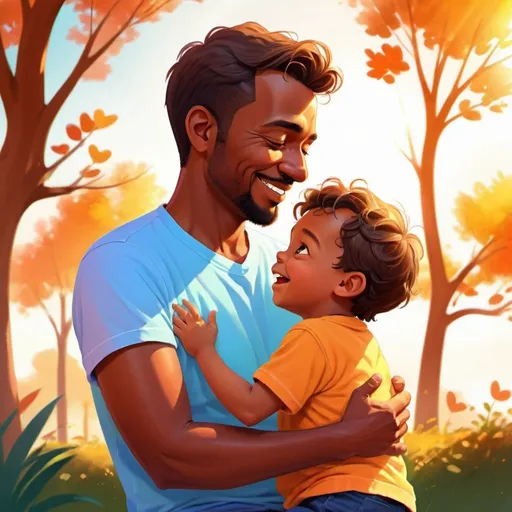 Prompt: Heartwarming digital illustration of a father and child bonding, warm and vibrant colors, outdoor setting with a sunny background, detailed facial expressions, love and affection, professional digital art, high quality, heartwarming, father and child, vibrant colors, outdoor setting, sunny background, detailed facial expressions, love and affection, professional, warm lighting