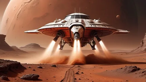 Prompt: A futuristic spaceship, named Ares, landing on the barren, reddish surface of Mars. Dust clouds swirl around as the ship's thrusters touch down. The Martian horizon is visible with rocky formations and a thin atmosphere. Fantasy realism style, highly detailed