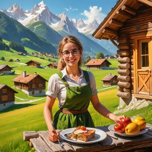 Prompt: Create a painting in Francisco Ribeiro style from a perky nerdy girl eating her selfmade lunch in front of a rural log cabin in the tyrolean alps.