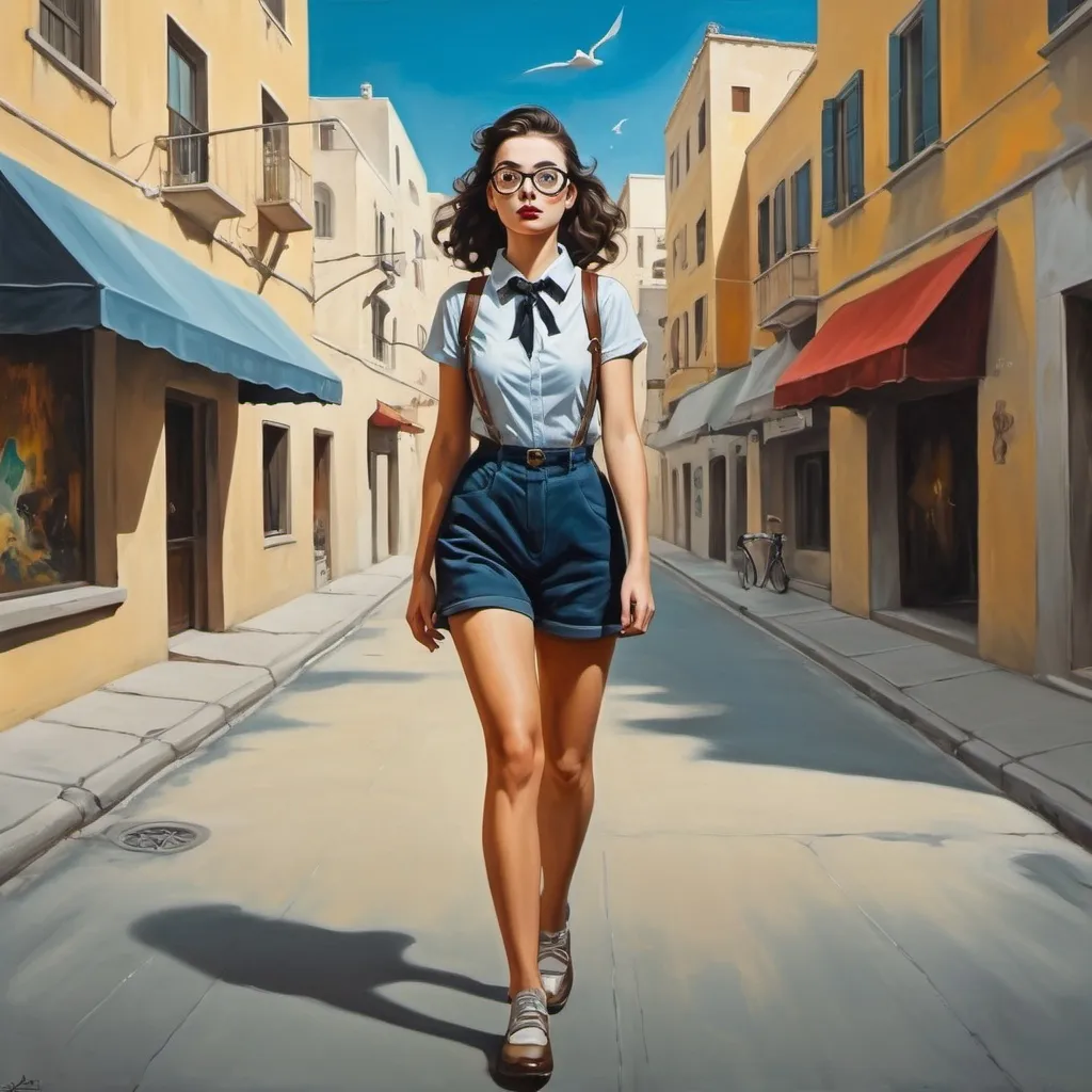 Prompt: Make a painting image of a nerdy girl walking at the street in style of Dali