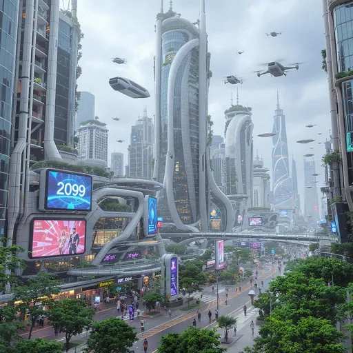 Prompt: 


**"A futuristic cityscape in 2099, featuring towering skyscrapers with sleek, reflective surfaces, floating transport vehicles zipping through the air, green rooftop gardens, and large holographic billboards. The streets are filled with people in advanced, tech-inspired clothing, while AI-driven robots walk alongside humans. The environment is clean, sustainable, and powered by renewable energy sources, with a blend of neon lights and natural greenery. The sky is slightly overcast, with futuristic drones flying overhead, and the city exudes a sense of harmony between technology and nature."
