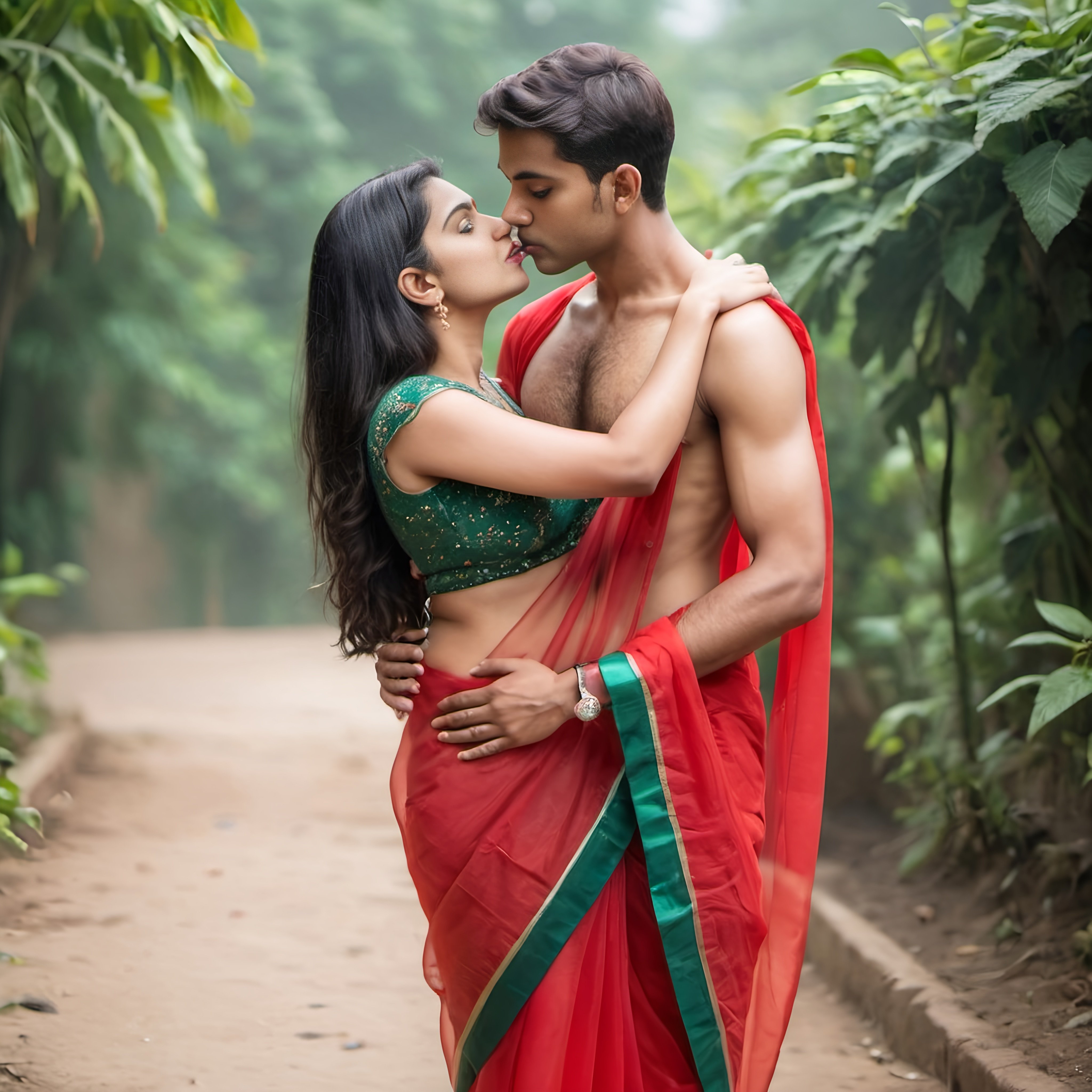 Navel kiss of a white skin tone indian girl in red t...