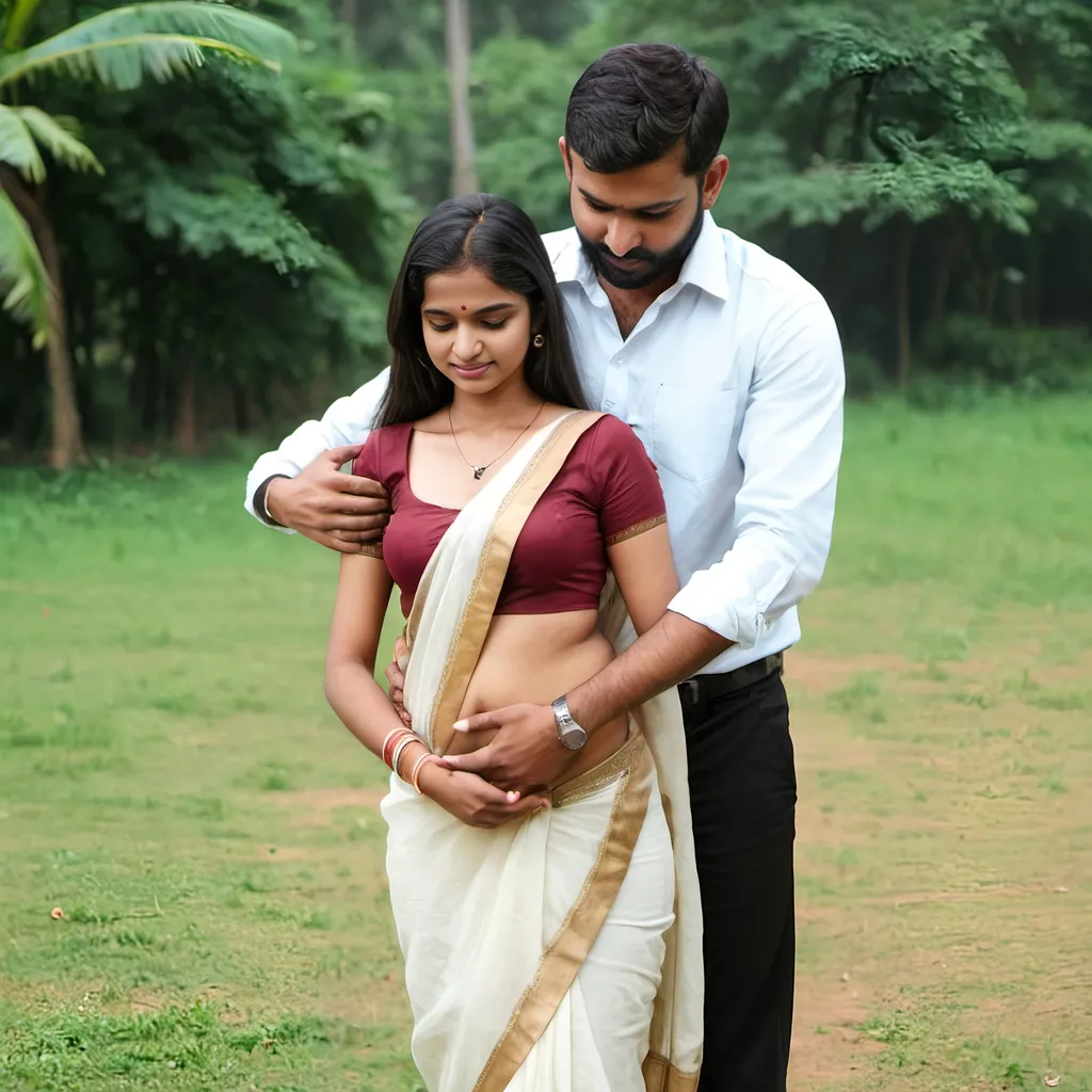 Prompt: A man touching belly of an indian white skin tone girl in saree
Full body image
