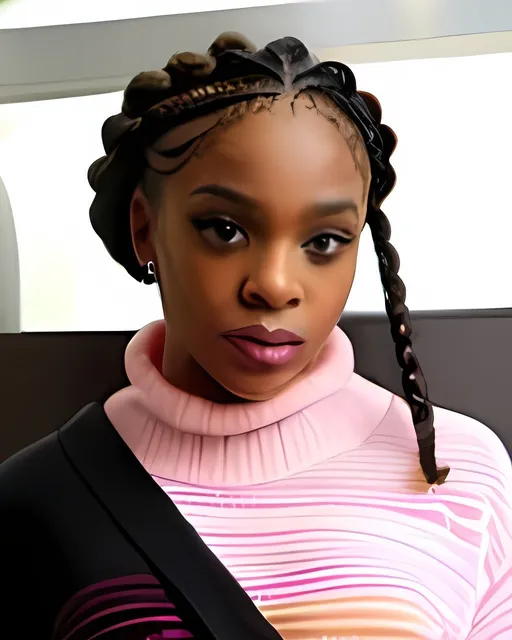 Prompt: black woman with braided hair and wearing a pink-striped top with a black sweater over it
