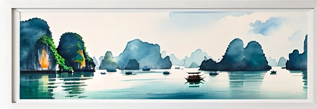 Prompt: Halong Bay in watercolor, no cruise - no boat, light color. 1 picture in 1 frame only