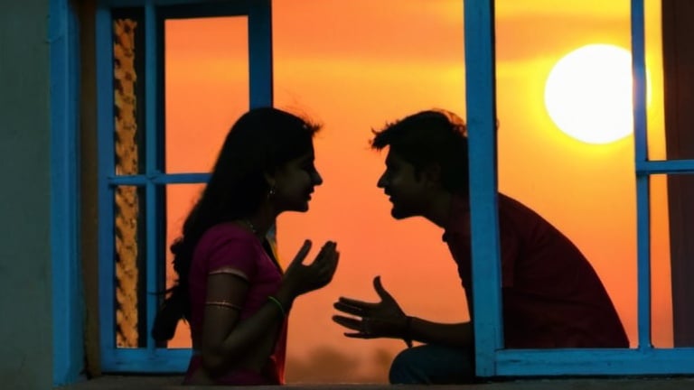 Prompt: Two neighbors having a romantic conversation from each others windows in the sunset scene location india.
