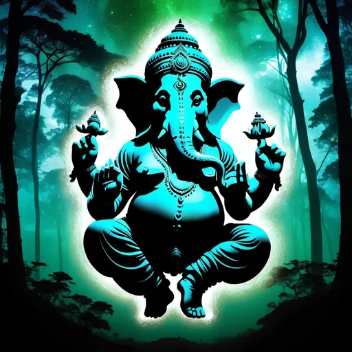 Prompt: Create a double-exposure digital image that captures the silhouette of ganesh. Ganesh’s silhouette is filled with a  blending deep space elements like stars, galaxies, and nebulae with natural scenes of skies. Let the outside outline of Ganesh be filled with lush, green foliage, with trees and branches that give the impression of a peaceful forest. Ganesh is walking across the forest