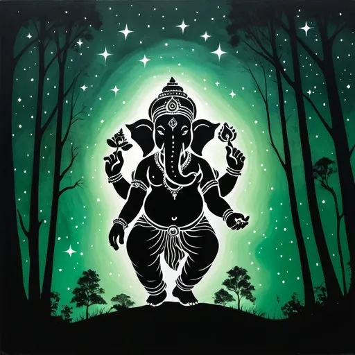 Prompt: a silhouette of a ganesha in the woods with a green background and stars in the sky above, Ella Guru, samikshavad, liminal, an airbrush painting