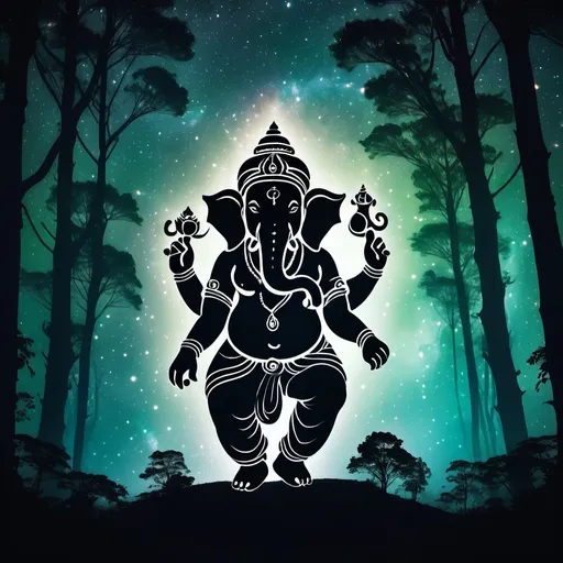 Prompt: Create a double-exposure digital image that captures the silhouette of ganesh. Ganesh’s silhouette is filled with a  blending deep space elements like stars, galaxies, and nebulae with natural scenes of skies. Let the outside outline of Ganesh be filled with lush, green foliage, with trees and branches that give the impression of a peaceful forest. Ganesh is walking across the forest