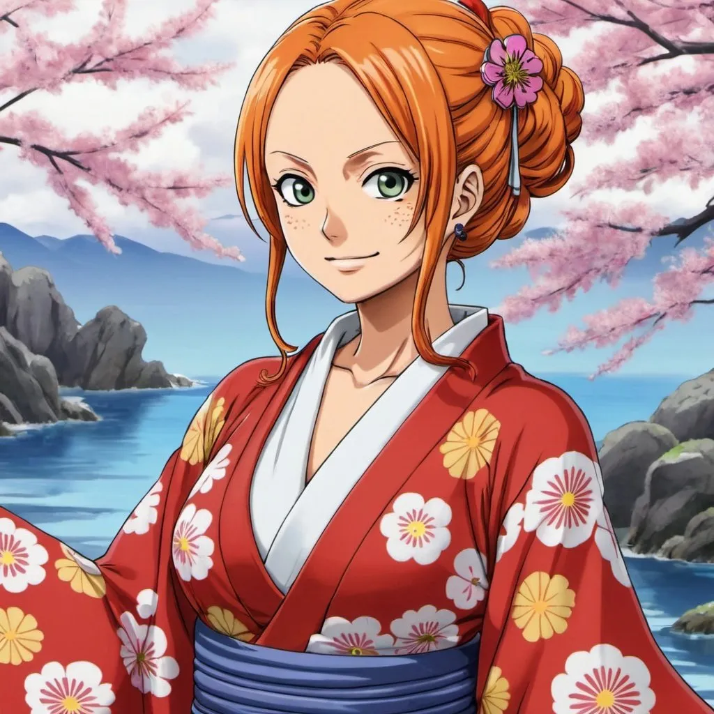 Prompt: one piece nami in japanese kimono anime
