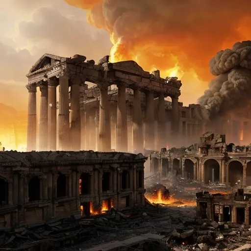 Prompt: A large ancient city in ruins, engulfed in flames and smoke during a dramatic, apocalyptic scene. The image captures a sprawling urban area with classical architecture, including columns, temples, and large buildings, being destroyed by fire and chaos. The sky is illuminated by a fiery orange glow from the setting sun and the fires consuming the city. Crowds of people can be seen in the streets, creating a sense of scale and turmoil. The foreground features rubble and damaged structures, while the background includes more burning buildings and dense smoke clouds rising into the sky. The atmosphere is intense and cinematic, emphasizing destruction and historical tragedy. all structures are old and carthagian architecture not modern