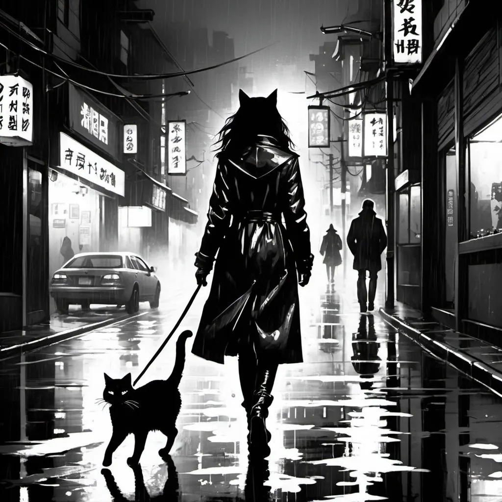 Prompt: Black and White cat human hybrid woman walking down a wet street at night in Seoul, in the style of Darkest Dungeon, Brooks Gordon, Stephen Gammell, Peter Max 