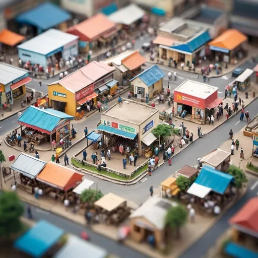 Prompt: aerial view, tilt-shift, isometric miniature world, microfinance, business, creative, ideas, people, market, payment, transaction, bank, credit union, interconnection