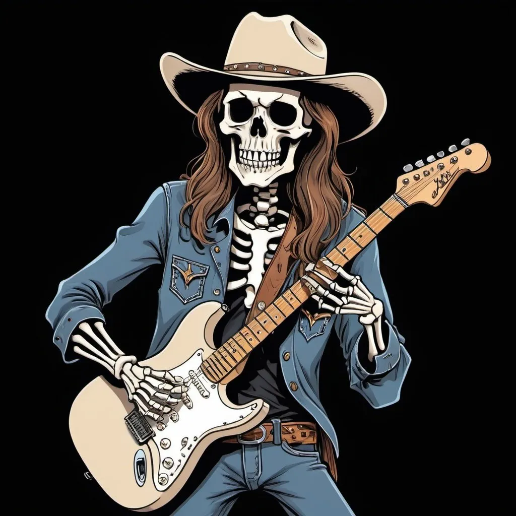 Prompt: hand drawn  A skeleton with long brown hair and a beard wearing a black cowboy hat and western shirt playin a Stratocaster guitar, on a stage comicbook style art simple art hand drawn 