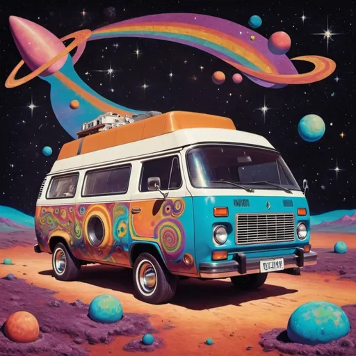 Prompt: 70's psychedelic van and guitar in space