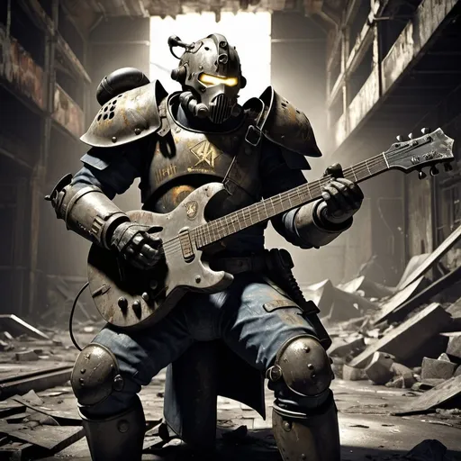 Prompt: fallout knight playing guitar, metal, debris, dramatic dystopian setting, gritty detailing, high quality, realistic, post-apocalyptic, dramatic lighting, industrial tones, urban decay, stormy atmosphere, massive scale, towering guitar, intense weathering effects, destruction, desolation