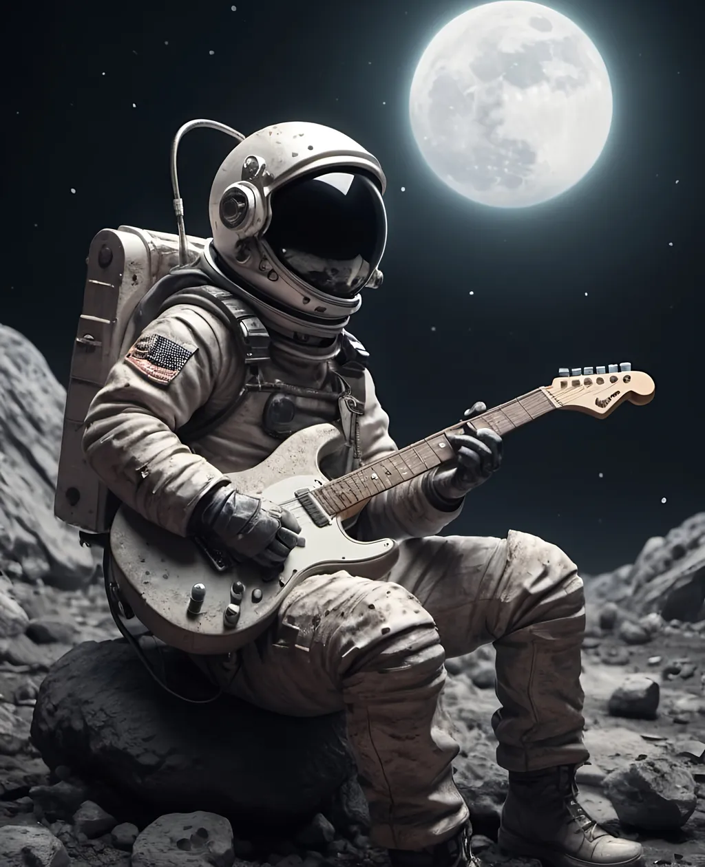 Prompt: a futuristic post apocalyptic astronaut sitting on an asteroid  playing an fender guitar. In gritty cartoon style , with film grain  