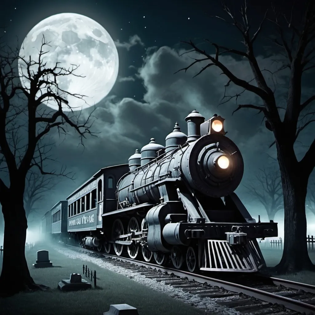 Prompt: An old time  ghost train traveling by a grave yard on a moonlit night 