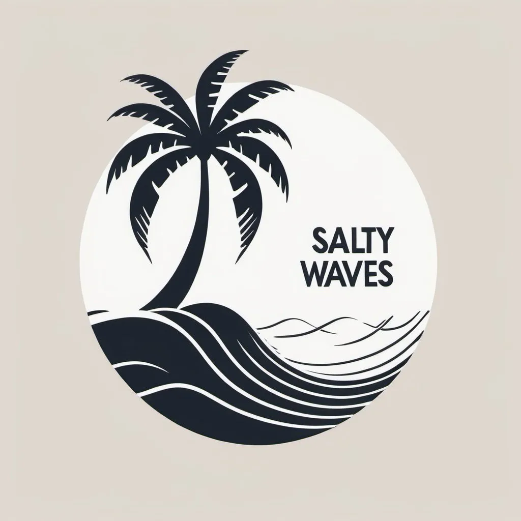 Prompt: Minimalistic wave and palm tree with the text  “salty waves”