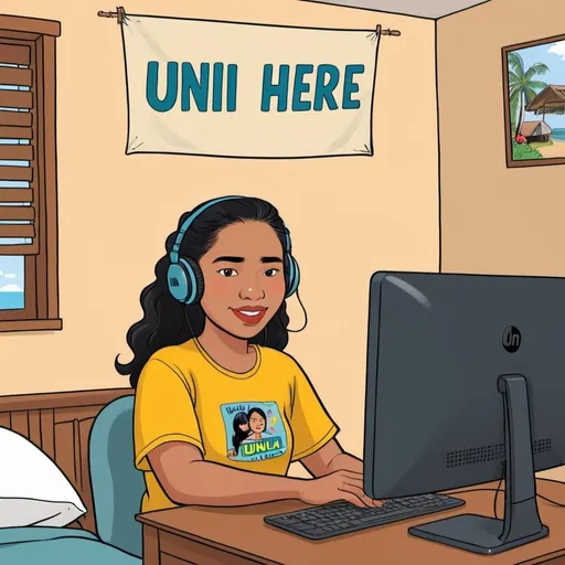 Prompt: From the perspective of her computer screen, a cartoon image of a young, blind Tuvalu woman giving a podcast from her bedroom with a sign that reads "Uni here. All are welcome."