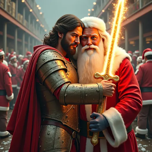 Prompt: JESUS CHRIST wearing a bright white shinnining 
 battle armour with a Flaming Sword in His Left Hand hugging Santa Claus, Ultra Realistic, Santa's Warehouse Factory Complex Background, Shinning Colors 