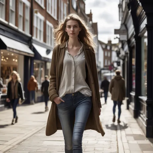 Prompt: Tall young woman walking down the high street, detailed clothing, realistic, natural lighting