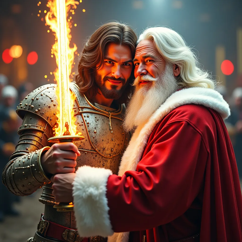 Prompt: JESUS CHRIST wearing a bright white shinnining 
 battle armour with a Flaming Sword in His Left Hand hugging Santa Claus, Ultra Realistic, Santa's Warehouse Factory Complex Background, Shinning Colors 