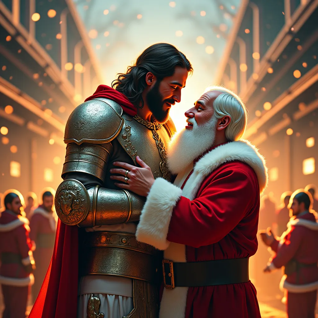 Prompt: JESUS CHRIST wearing a bright white shinnining 
 battle armour with a Flaming Sword in His Left Hand hugging Santa Claus, Ultra Realistic, Santa's Warehouse Factory Complex Background, Shinning Colors 