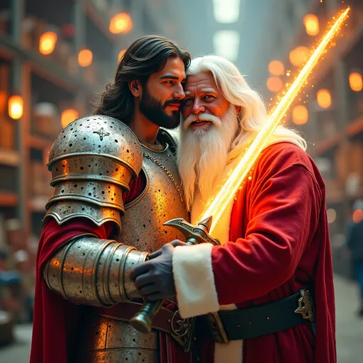 Prompt: JESUS CHRIST wearing a bright white shinnining 
 battle armour with a Flaming Sword in His Left Hand hugging Santa Claus, Ultra Realistic, Santa's Warehouse Factory Complex Background, Shinning Colors 