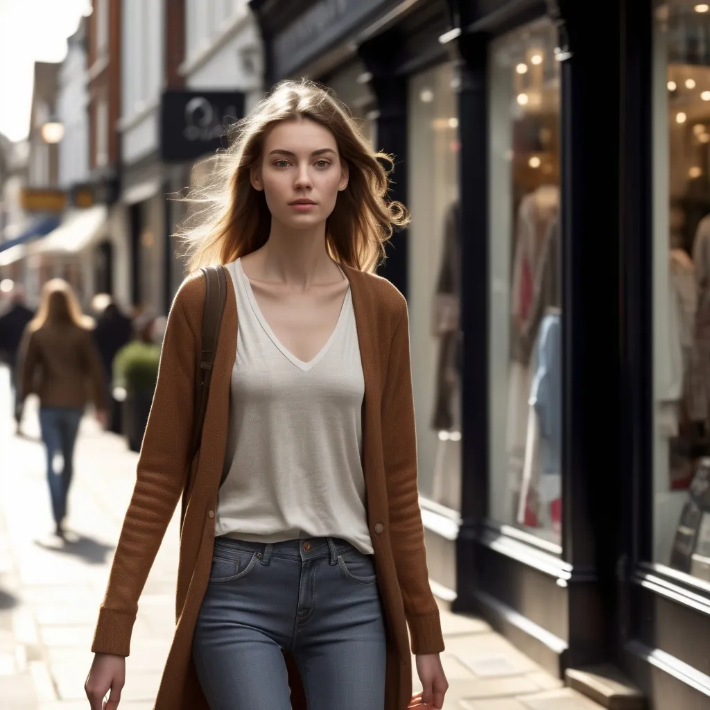 Prompt: Tall young woman walking down the high street, detailed clothing, realistic, natural lighting