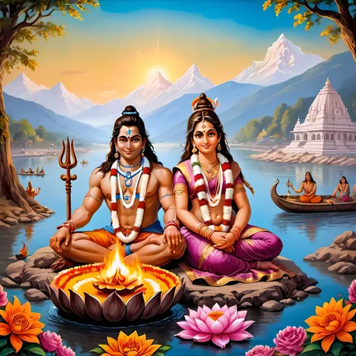 Prompt: Kid Lord Shiva and Parvati sitting near a marriage pyre, adorned with flowers, smiling, river Ganga in the background, bright and elegant, Indian mythological art, colorful and vibrant, detailed features, spiritual ambiance, highres, divine, traditional, joyful, warm lighting, floral decorations, sacred atmosphere, river reflection