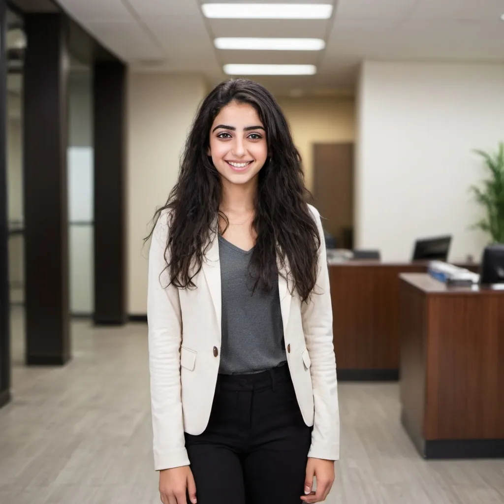 Prompt: a middle eastern girl image with hazel eyes and black hairs happy smiling in the office age 25 standing in the lobby full image
