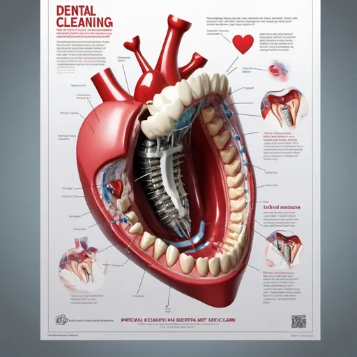 Prompt: Educational poster to promote dental cleaning prior to heart surgery.  Include a mouth with decaying teeth with an anatomical heart within the mouth that is attached to an ECG machine.  please include doctors talking to patients endorsing the importance of dental care prior to heart surgery