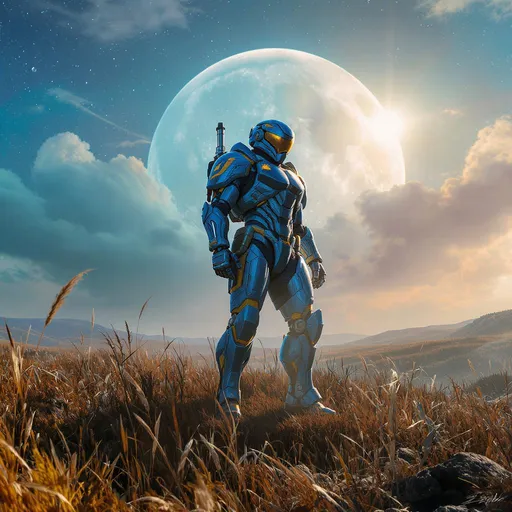 Prompt: un soldat au style futuriste debout dans un champs ouvert avec une armure bleu métallique, éclairé par éclairage naturel d'une lune géante