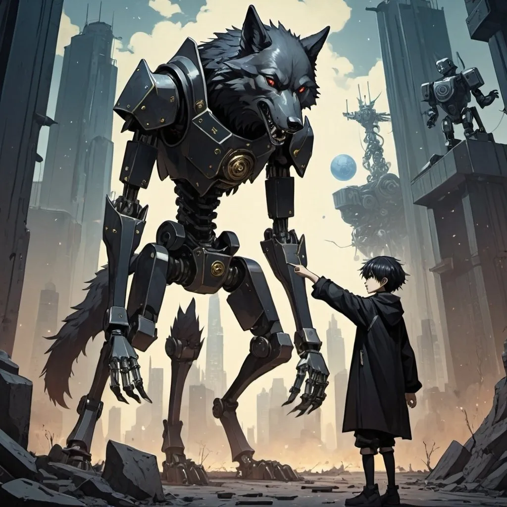 Prompt: tarot card Anime illustration, a boy in black clothing pointing, a snarling wolf on all four legs to his right, and a very tall robot, dystopian background