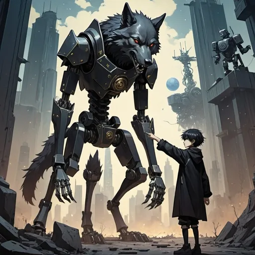 Prompt: tarot card Anime illustration, a boy in black clothing pointing, a snarling wolf on all four legs to his right, and a very tall robot, dystopian background