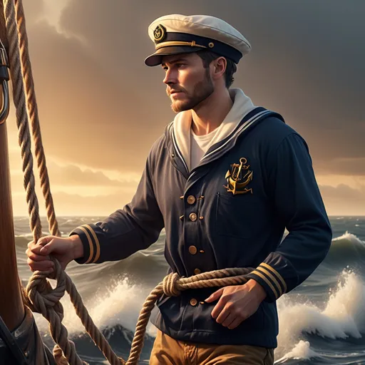 Prompt: (sailor), rugged attire, classic navy style, weathered fisherman hat, sturdy boots, holding a nautical rope, (high seas), waves crashing around, sunset illuminating the scene with warm golden light, atmospheric mist on the water, (adventurous spirit), detailed textures on clothing, ultra-detailed, 4K resolution.