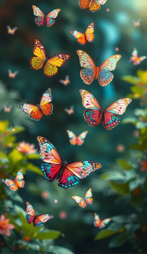 Prompt: In a fantastical, enchanted forest, delicate butterflies flutter in a mesmerizing dance. The butterflies sparkle with iridescent wings that glimmer in every color of the rainbow, creating a stunning spectacle against the backdrop of lush green foliage. This vivid scene is depicted in a breathtakingly detailed painting, capturing each intricate detail of the graceful creatures and their ethereal surroundings. The image is a masterpiece of beauty and wonder, evoking a sense of whimsy and magic that transports viewers to a world of fantasy and enchantment.--9:16