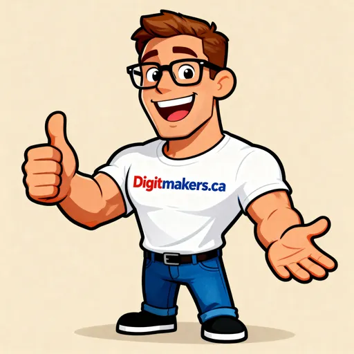 Prompt: This is a digital cartoon-style drawing of a cheerful, muscular man with a light brown complexion, short brown hair, and black-rimmed glasses. He is smiling widely, showing his white teeth, and giving a thumbs-up with his right hand while his left hand is open, palm up, in a welcoming gesture. He is wearing a white T-shirt with the "Digitmakers.ca" logo in bold red and blue letters across the chest. His blue jeans are tucked into black shoes with white soles. The background is a solid beige color, making the character stand out prominently. The overall style is colorful and vibrant, with bold outlines and a smooth, polished texture typical of digital illustrations. The character's exaggerated features, such as his large hands and expressive face, add a playful and approachable feel to the image.