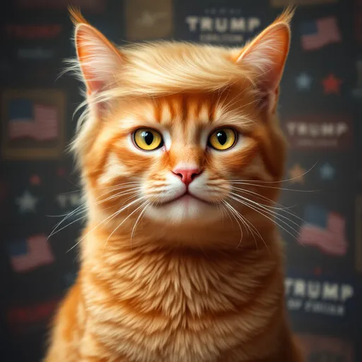 Prompt:  Donald Trumps face on a orange tabby  cat

