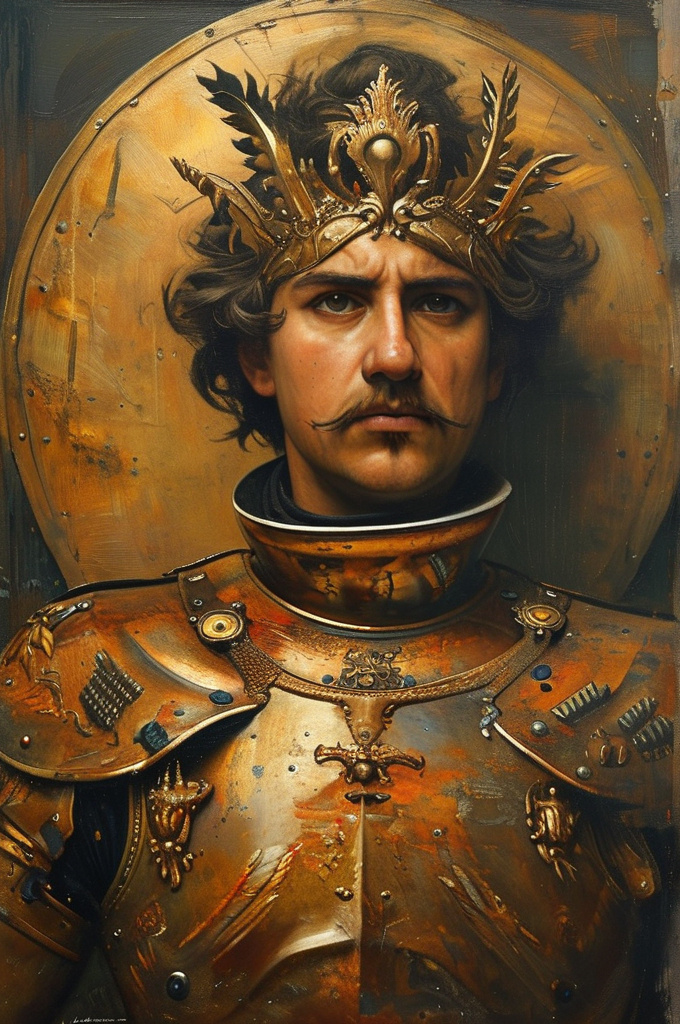 Prompt: The goddess of rust, oxydation and combustion in armor. 1870s oil painting. Inspired by wiliam bougeurau, mucha, belle epoque portraits  of napoelon bonaparte