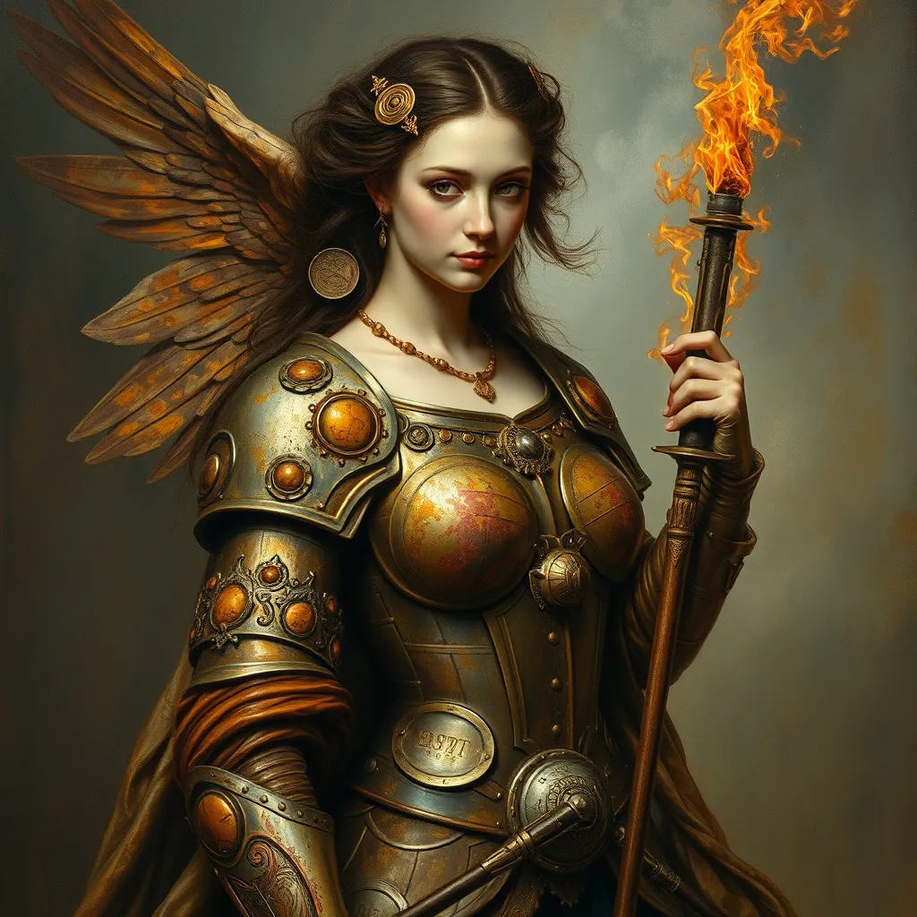 Prompt: The goddess of rust, oxydation and combustion in armor. 1870s oil painting. Inspired by wiliam bougeurau, mucha, belle epoque portraits  of napoelon bonaparte