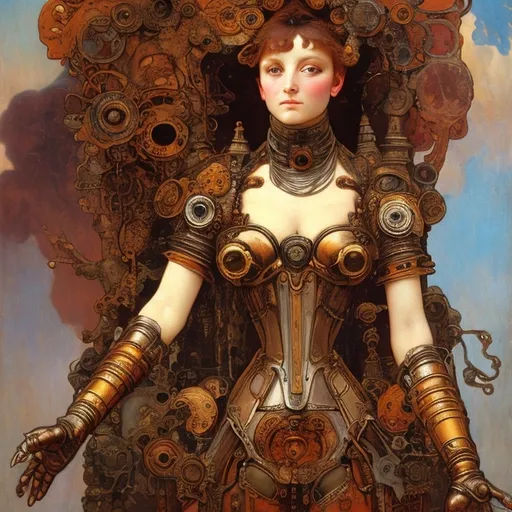 Prompt: The goddess of rust, oxydation and combustion in armor. 1870s oil painting. Inspired by wiliam bougeurau, mucha, belle epoque portraits  of napoelon bonaparte