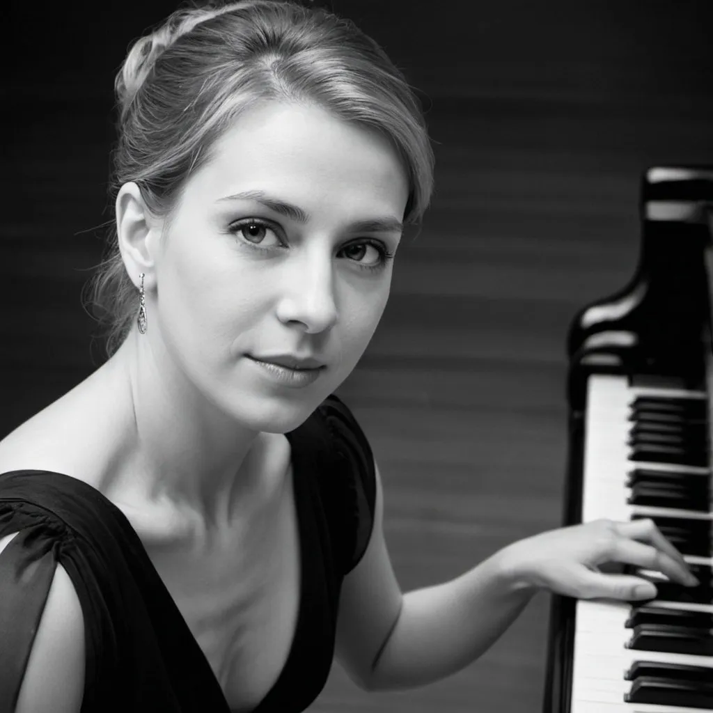 Prompt: black and white ortrait of caucasian female pianist for CD Cover of a Piano concerto