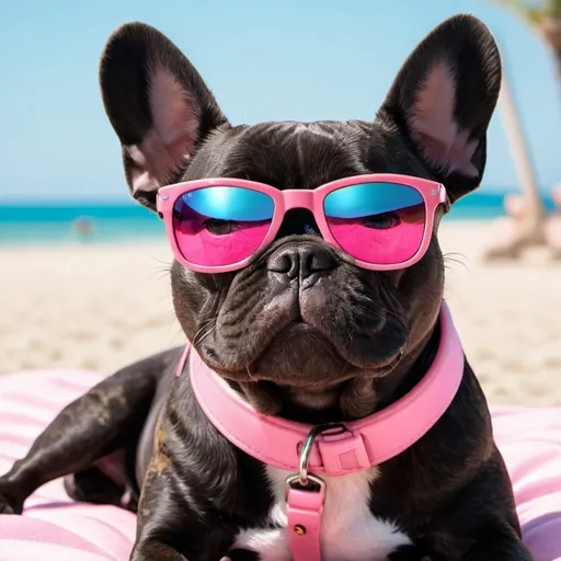 Prompt: A black brindle French bulldog 
 with pink collar pixar movie poster sun bathing with sunglasses on top of head