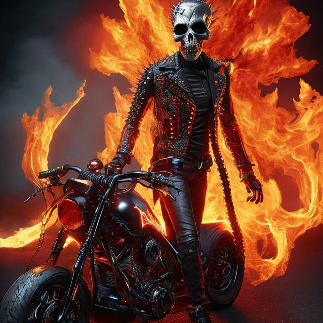 Prompt: humaniod figure,flames surronding skull, black and spiked jacket, holding chain, motercycle behind him,nicknamed the ghost rider, hyper realistic