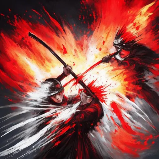 Prompt: two guys fighting with katanas in hand, ancient japan background, intense atmosphere, sparks flying, fire burning around them, one of them is bloodied, anime 