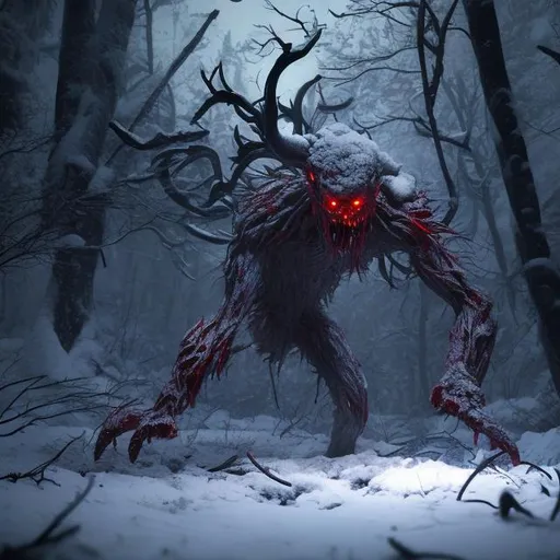 Prompt: the rake, hyper realistic,dark snowy forest, one dead body in the snow,tall white figure with glowing white eyes and blood drenched claws.