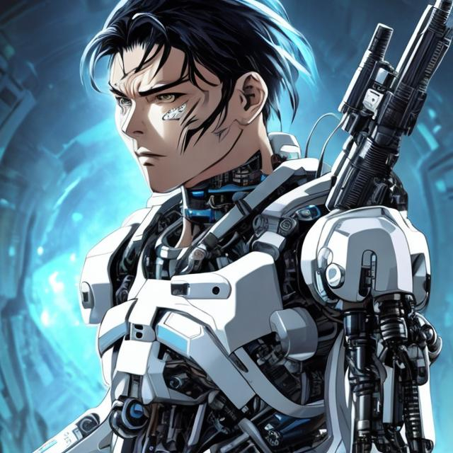 Prompt: anime,futuristic cyborg man,serious face,has a blaster.
